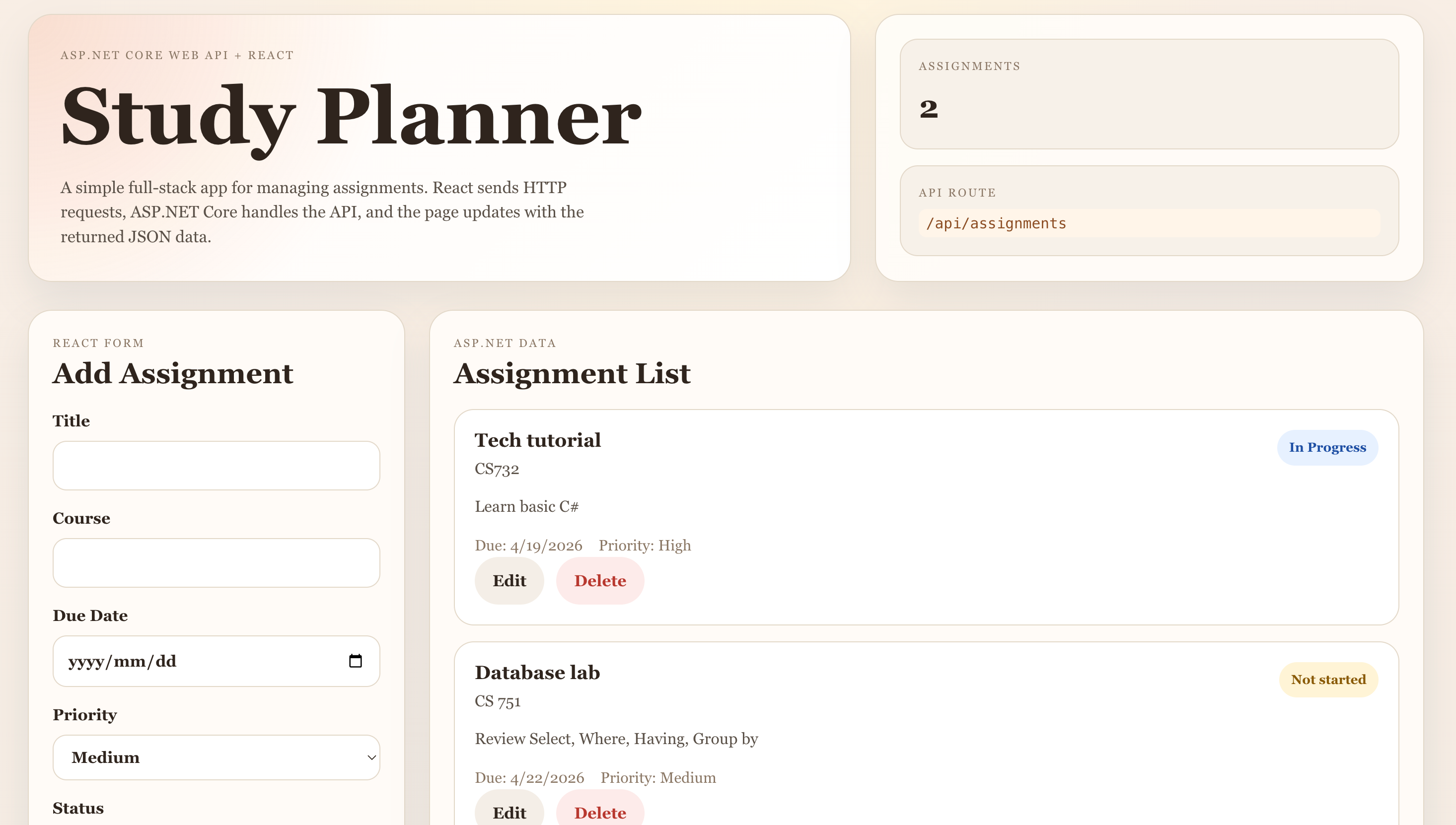 Study Planner API assignment management interface preview